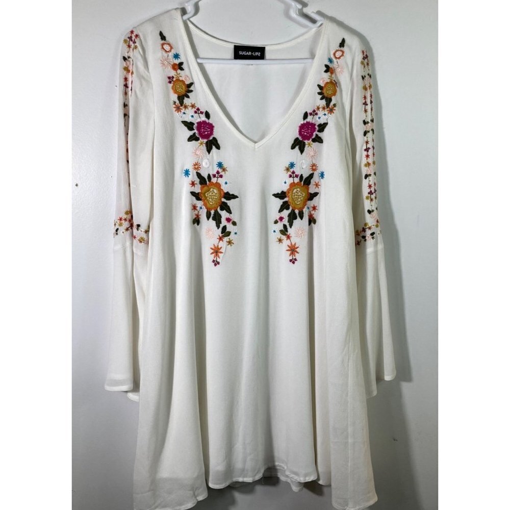 Womens Sugar Lips V Neck Floral Embroidered Lined Tunic Dress Bell Sleeve‎ White